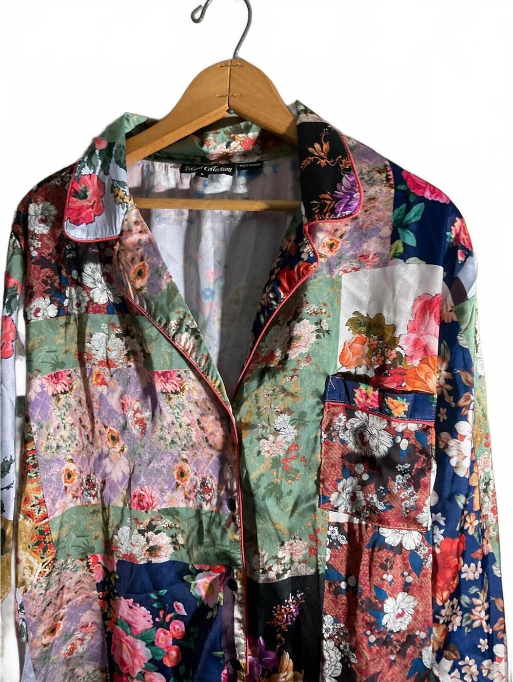 Tolani Collection Patchwork Floral Pajama Set Satin Shirt & Pants Size L - Picture 3 of 12